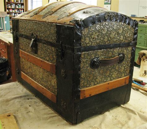 attach fabric to metal bottom of vintage trunk|old trunk innards.